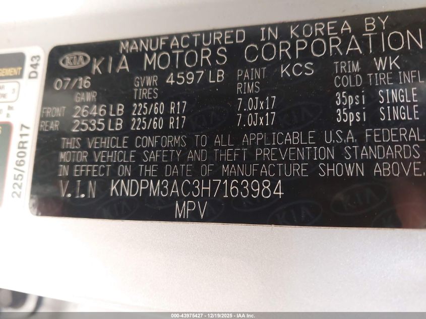 2017 Kia Sportage Lx VIN: KNDPM3AC3H7163984 Lot: 43975427