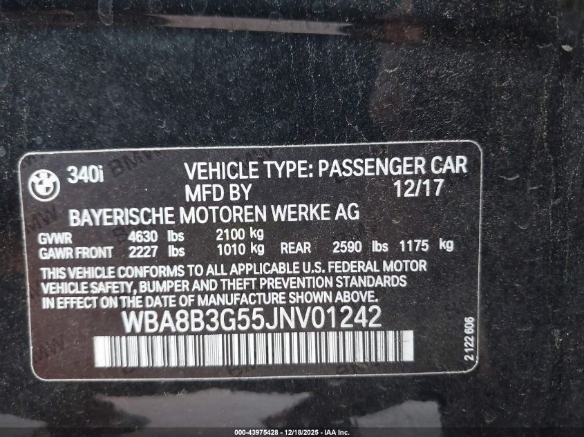 2018 BMW 340I VIN: WBA8B3G55JNV01242 Lot: 43975428