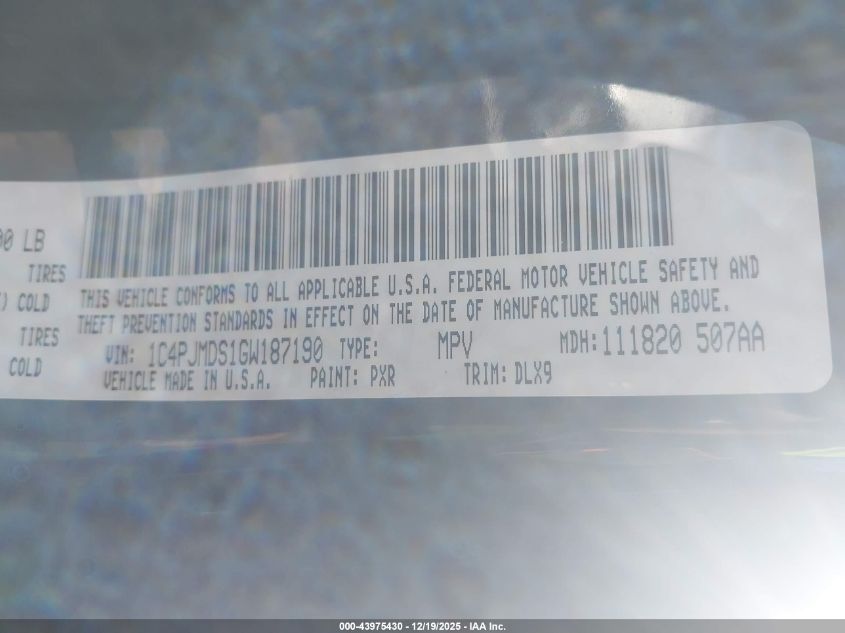 2016 Jeep Cherokee Limited VIN: 1C4PJMDS1GW187190 Lot: 43975430