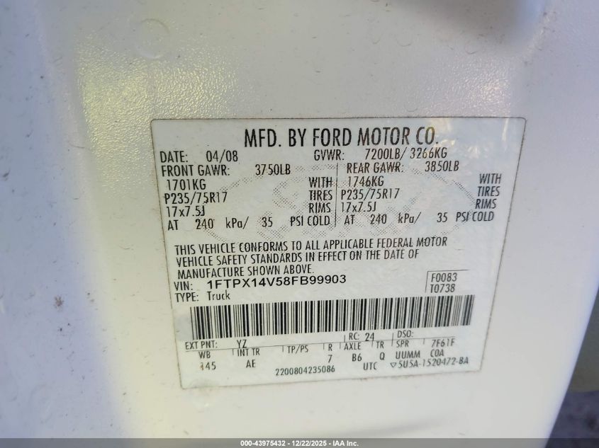 2008 Ford F-150 Fx4/Lariat/Xl/Xlt VIN: 1FTPX14V58FB99903 Lot: 43975432