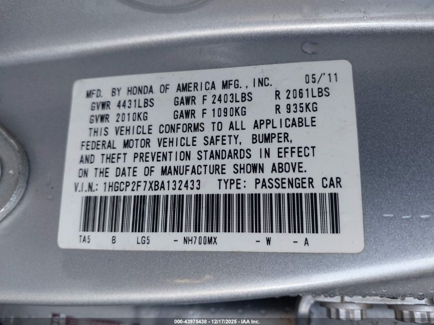2011 Honda Accord 2.4 Ex VIN: 1HGCP2F7XBA132433 Lot: 43975438