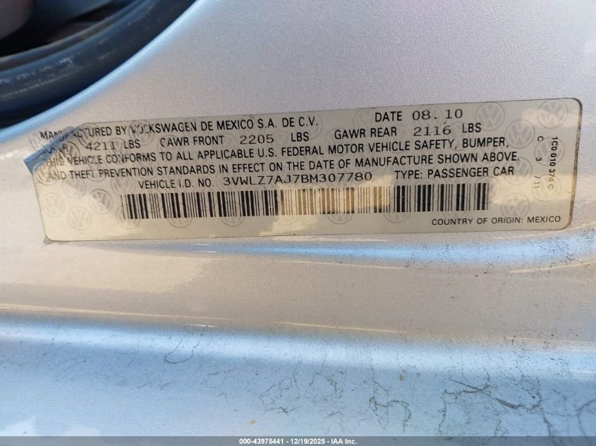 2011 Volkswagen Jetta 2.5L Sel VIN: 3VWLZ7AJ7BM307780 Lot: 43975441