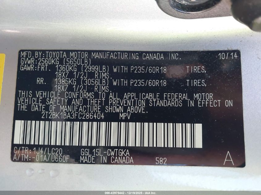 2015 Lexus Rx 350 VIN: 2T2BK1BA3FC286404 Lot: 43975442