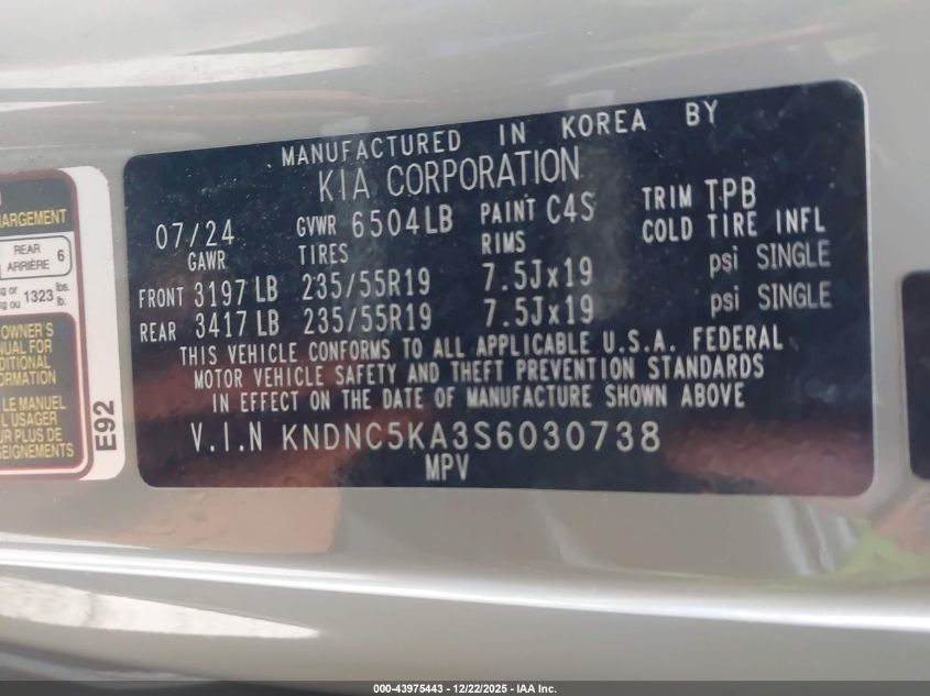 2025 Kia Carnival Mpv Hybrid Ex VIN: KNDNC5KA3S6030738 Lot: 43975443