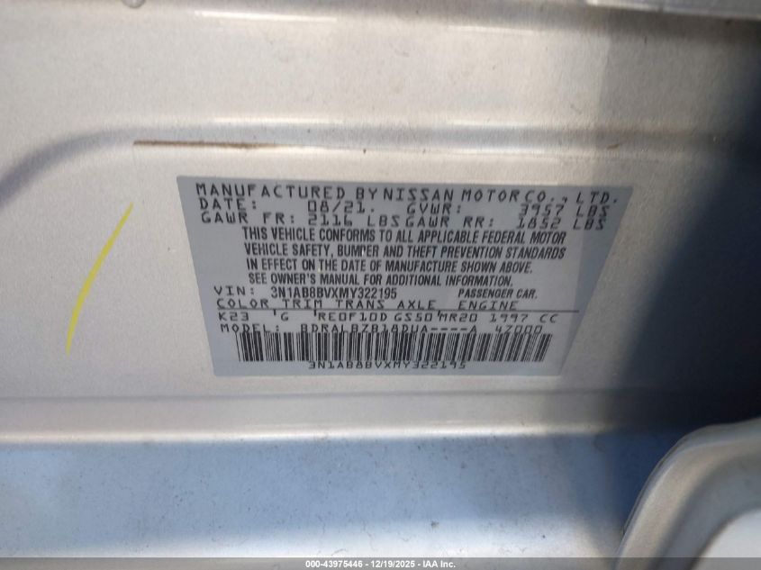 2021 Nissan Sentra S Xtronic Cvt VIN: 3N1AB8BVXMY322195 Lot: 43975446