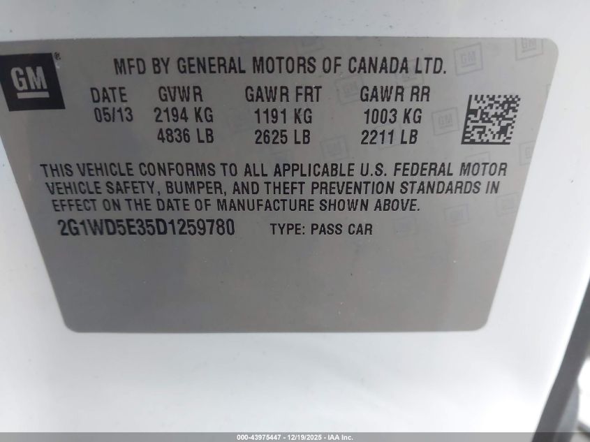 2013 Chevrolet Impala Police VIN: 2G1WD5E35D1259780 Lot: 43975447