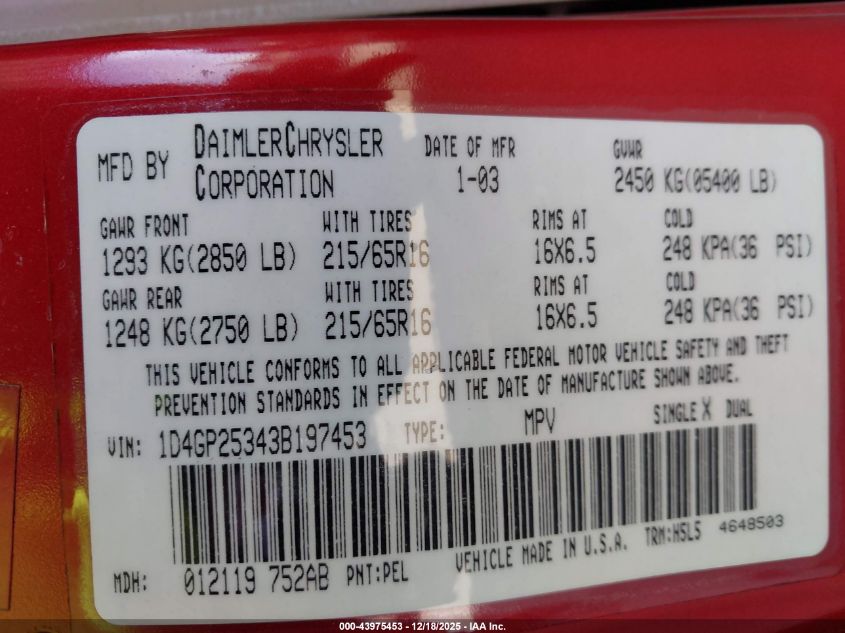 2003 Dodge Caravan Se VIN: 1D4GP25343B197453 Lot: 43975453
