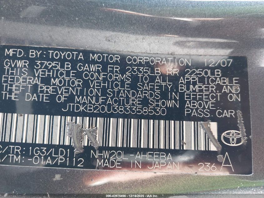 2008 Toyota Prius VIN: JTDKB20U383358530 Lot: 43975456