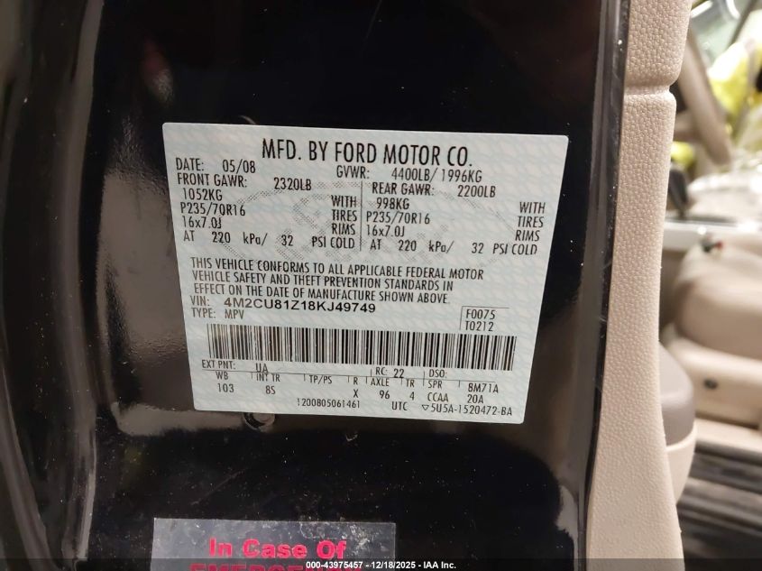 2008 Mercury Mariner I4 VIN: 4M2CU81Z18KJ49749 Lot: 43975457