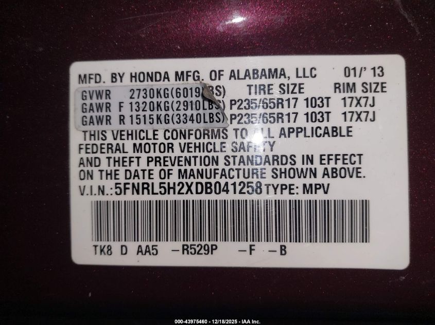 2013 Honda Odyssey Lx VIN: 5FNRL5H2XDB041258 Lot: 43975460