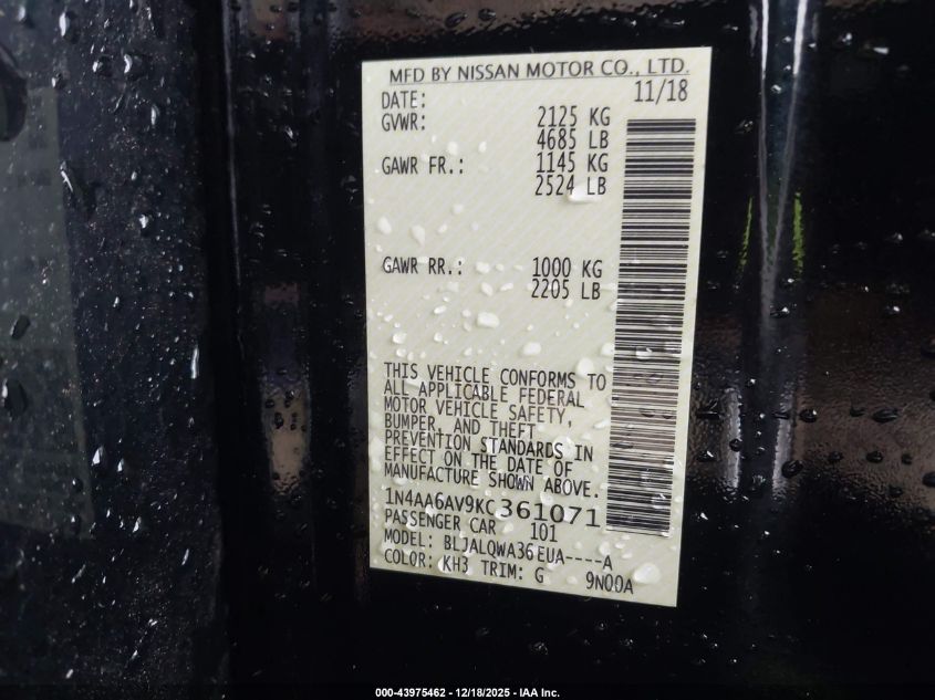 2019 Nissan Maxima 3.5 S VIN: 1N4AA6AV9KC361071 Lot: 43975462