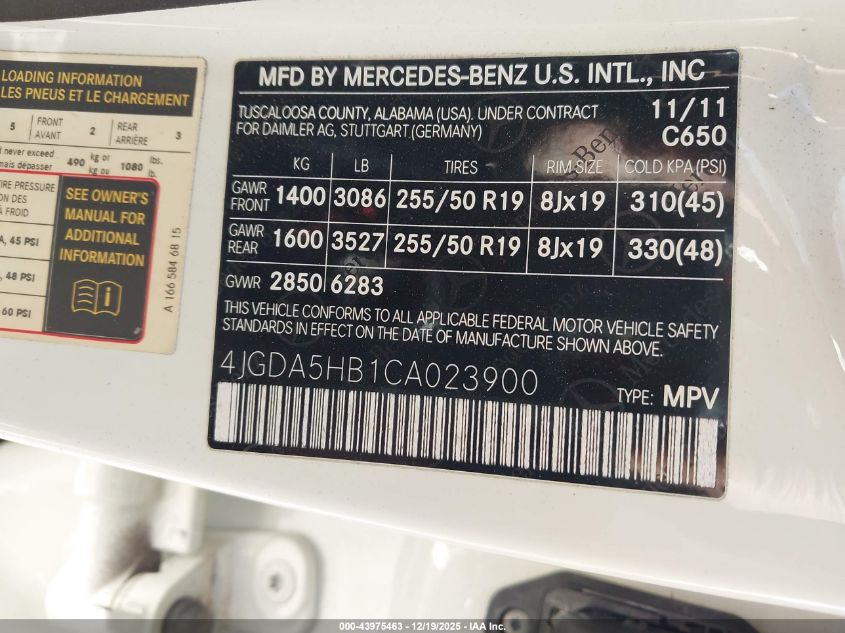 2012 Mercedes-Benz Ml 350 4Matic VIN: 4JGDA5HB1CA023900 Lot: 43975463