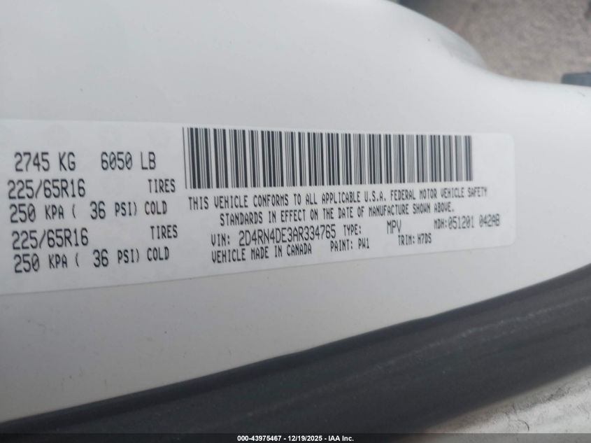 2010 Dodge Grand Caravan Se VIN: 2D4RN4DE3AR334765 Lot: 43975467