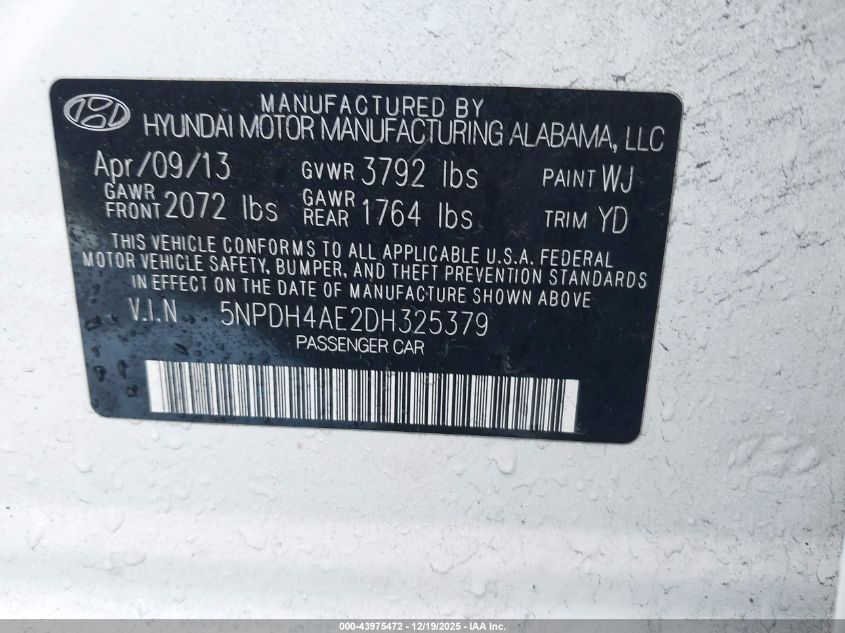 2013 Hyundai Elantra Gls VIN: 5NPDH4AE2DH325379 Lot: 43975472