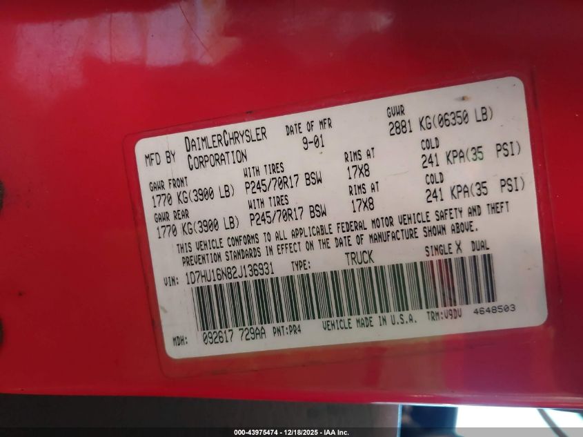 2002 Dodge Ram 1500 Slt/St VIN: 1D7HU16N82J136931 Lot: 43975474