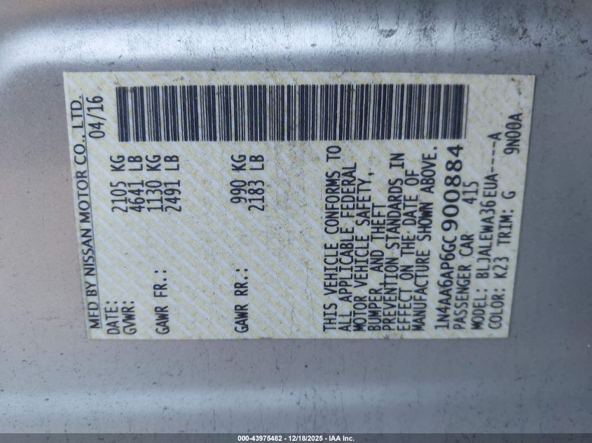 2016 Nissan Maxima 3.5 Sl VIN: 1N4AA6AP6GC900884 Lot: 43975482