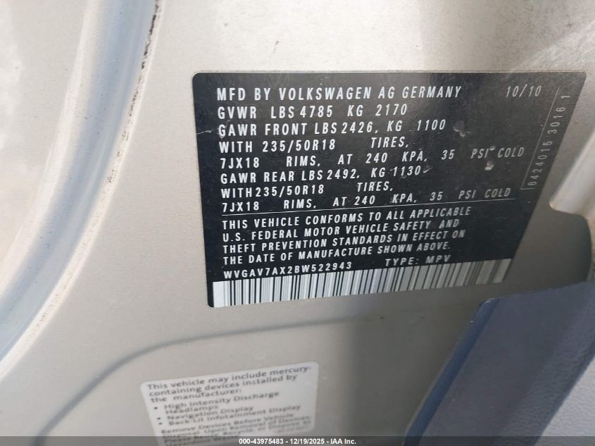 2011 Volkswagen Tiguan Se VIN: WVGAV7AX2BW522943 Lot: 43975483