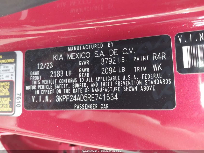 2024 Kia Forte Lxs VIN: 3KPF24AD5RE741634 Lot: 43975485