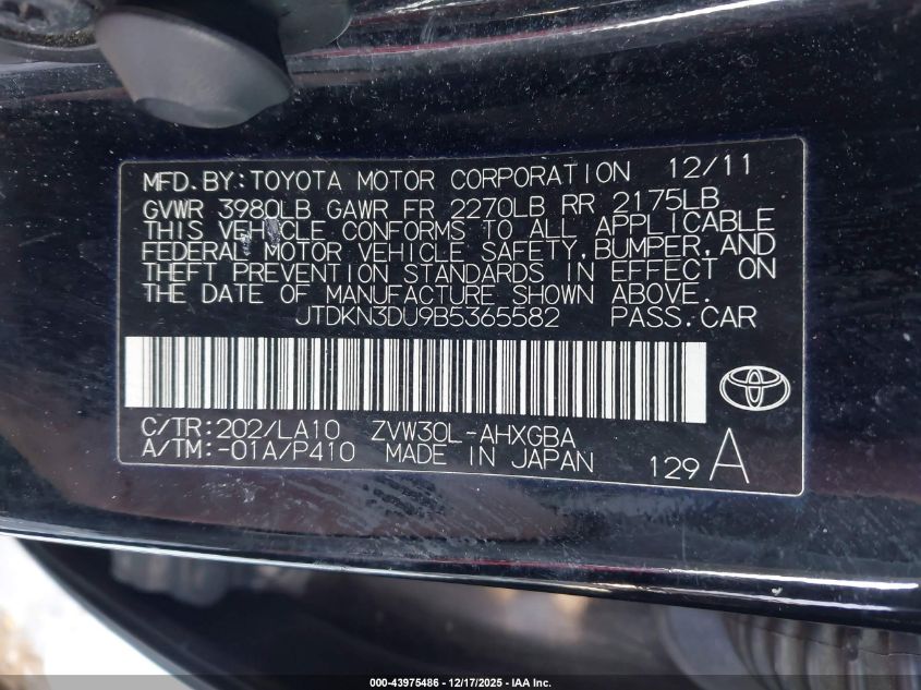 2011 Toyota Prius Four VIN: JTDKN3DU9B5365582 Lot: 43975486