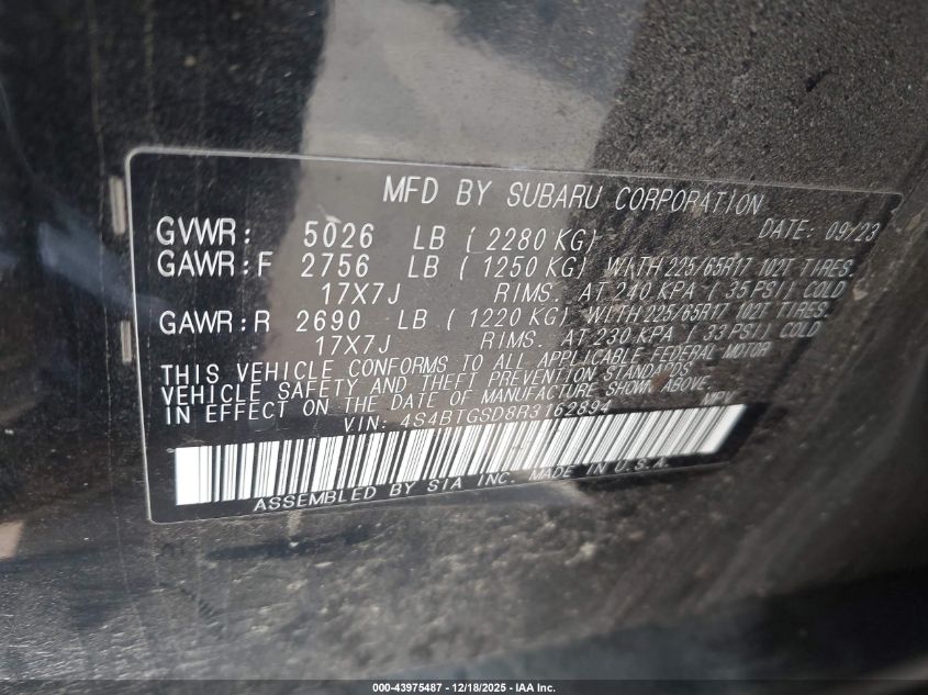 2024 Subaru Outback Wilderness VIN: 4S4BTGSD8R3162894 Lot: 43975487