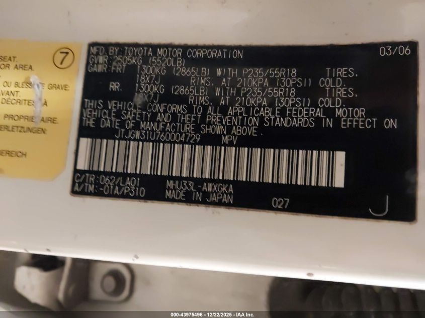 2006 Lexus Rx 400H VIN: JTJGW31U760004729 Lot: 43975496