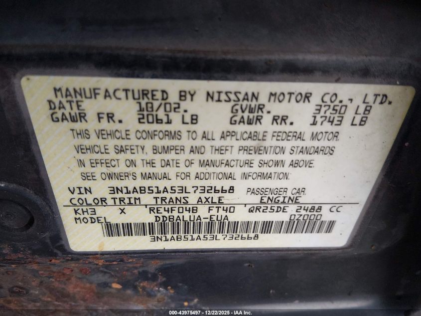 2003 Nissan Sentra Se-R VIN: 3N1AB51A53L732668 Lot: 43975497