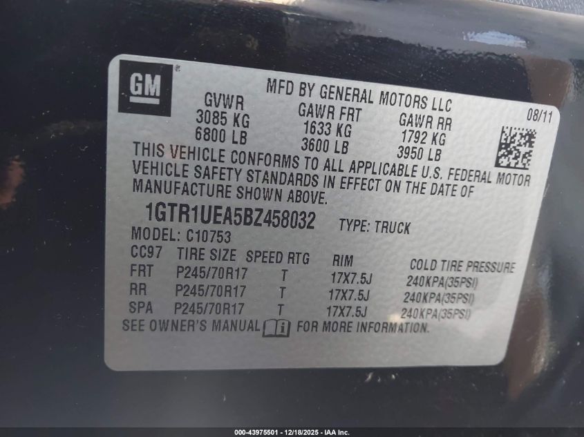 2011 GMC Sierra 1500 Sl VIN: 1GTR1UEA5BZ458032 Lot: 43975501