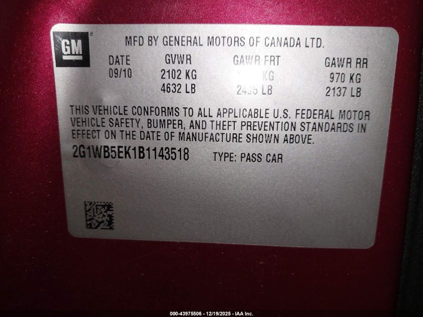 2011 Chevrolet Impala Lt VIN: 2G1WB5EK1B1143518 Lot: 43975506