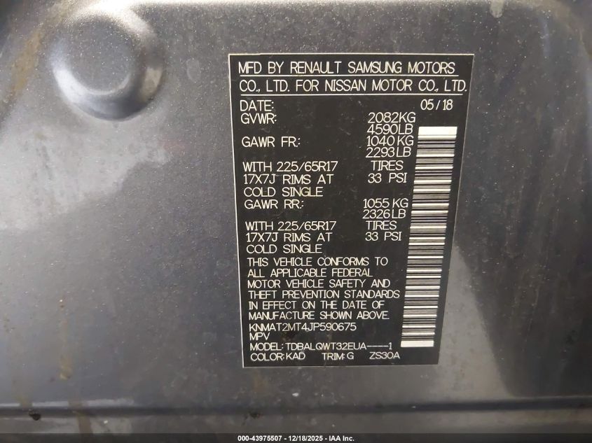 2018 Nissan Rogue Sv VIN: KNMAT2MT4JP590675 Lot: 43975507