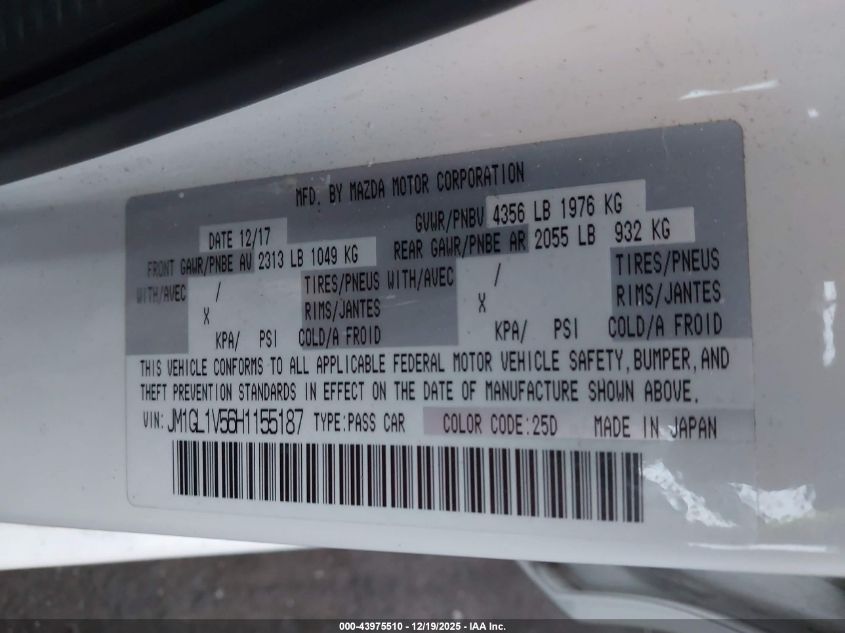 2017 Mazda Mazda6 Touring VIN: JM1GL1V56H1155187 Lot: 43975510
