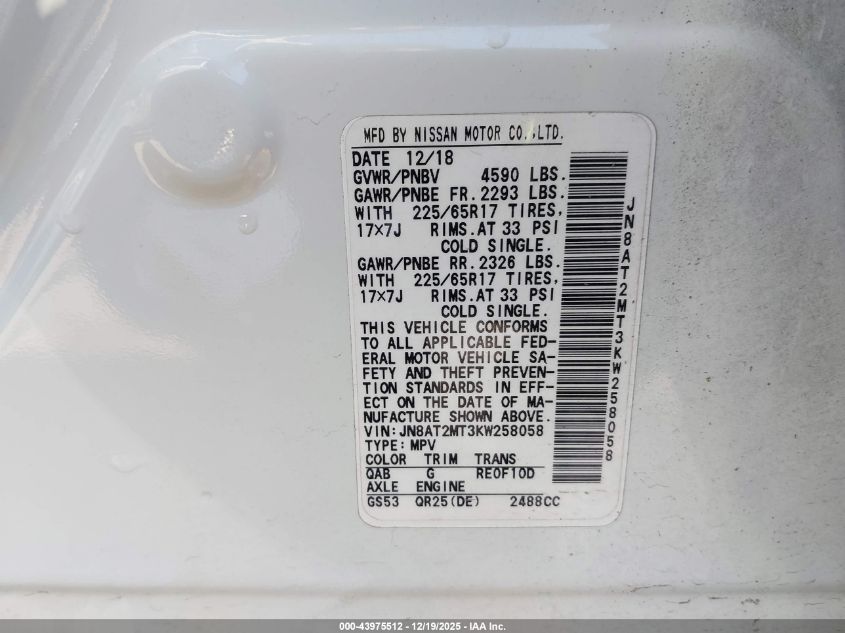 2019 Nissan Rogue Sv VIN: JN8AT2MT3KW258058 Lot: 43975512