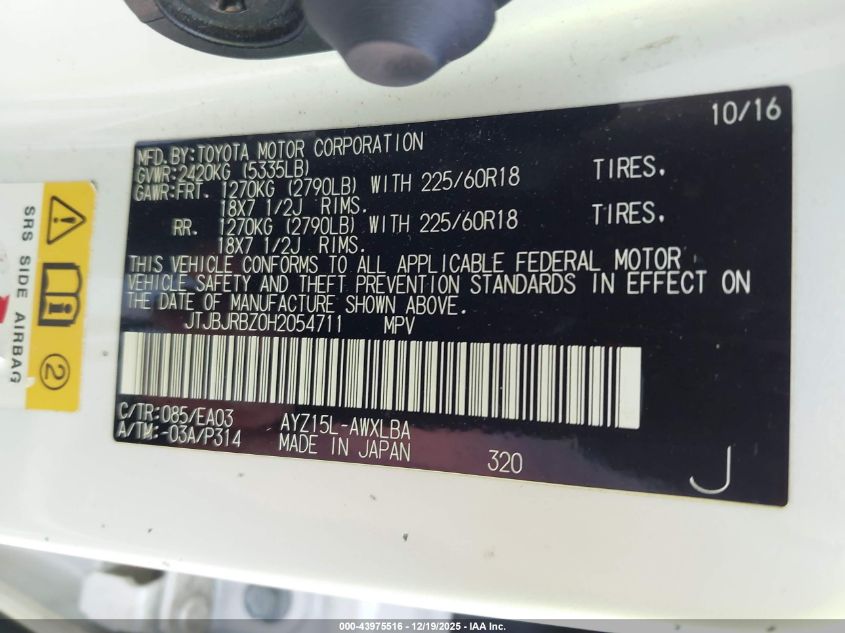 2017 Lexus Nx 300H VIN: JTJBJRBZ0H2054711 Lot: 43975516