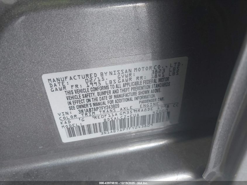 2015 Nissan Sentra S VIN: 3N1AB7AP7FY243809 Lot: 43975518