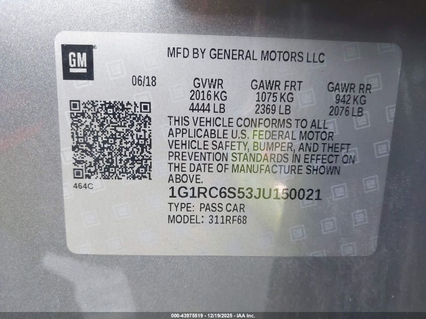 2018 Chevrolet Volt Lt VIN: 1G1RC6S53JU150021 Lot: 43975519