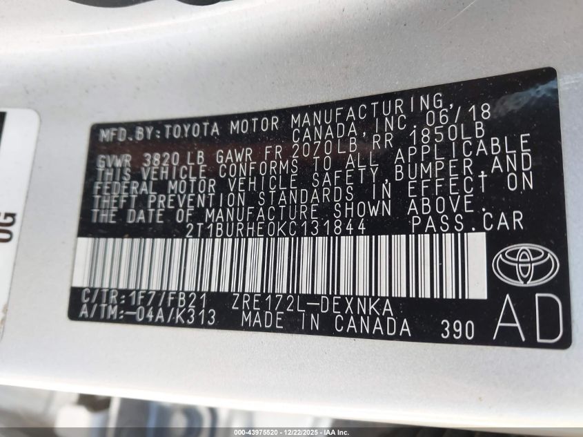 2019 Toyota Corolla Le VIN: 2T1BURHE0KC131844 Lot: 43975520