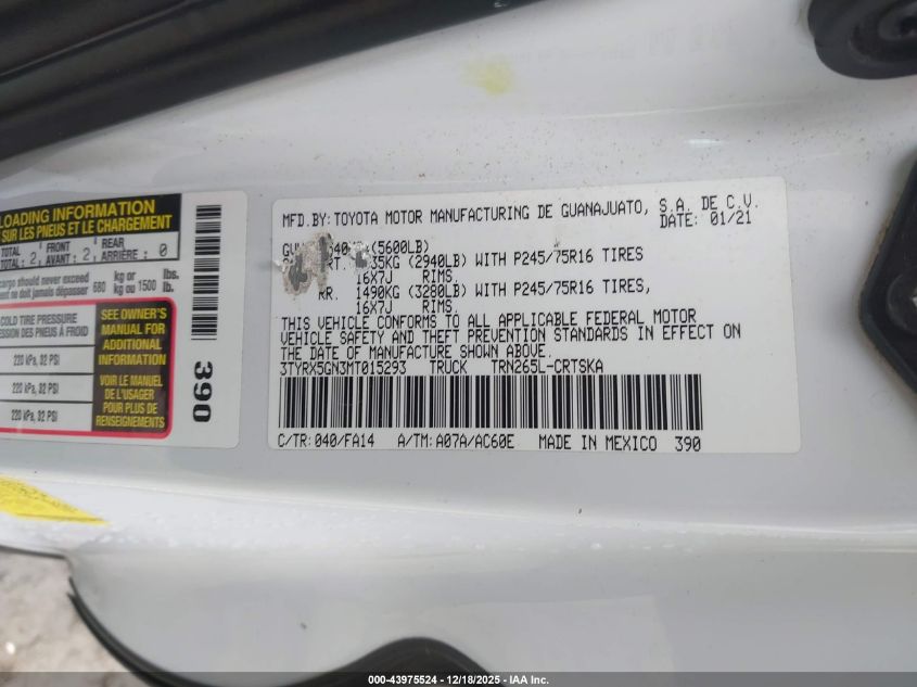 2021 Toyota Tacoma Sr VIN: 3TYRX5GN3MT015293 Lot: 43975524