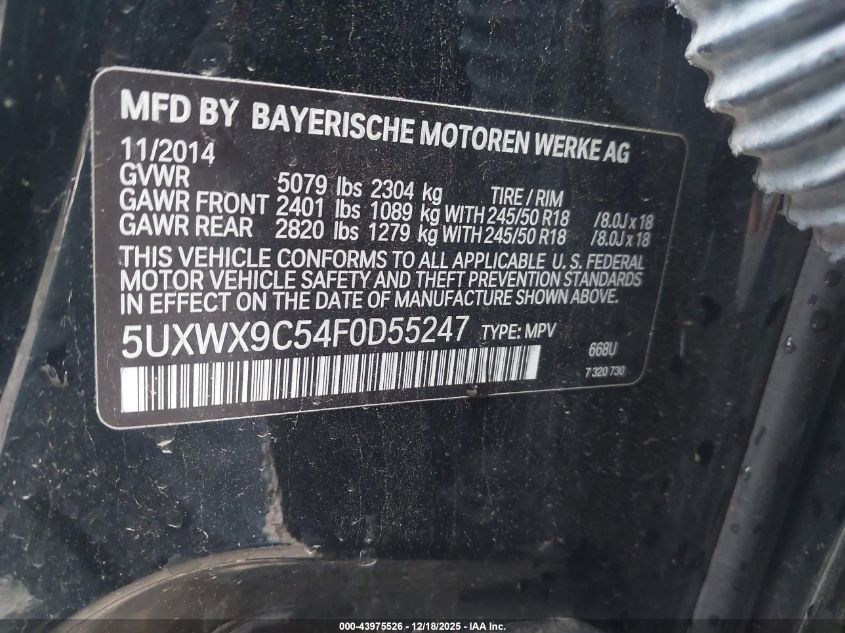 2015 BMW X3 xDrive28I VIN: 5UXWX9C54F0D55247 Lot: 43975526