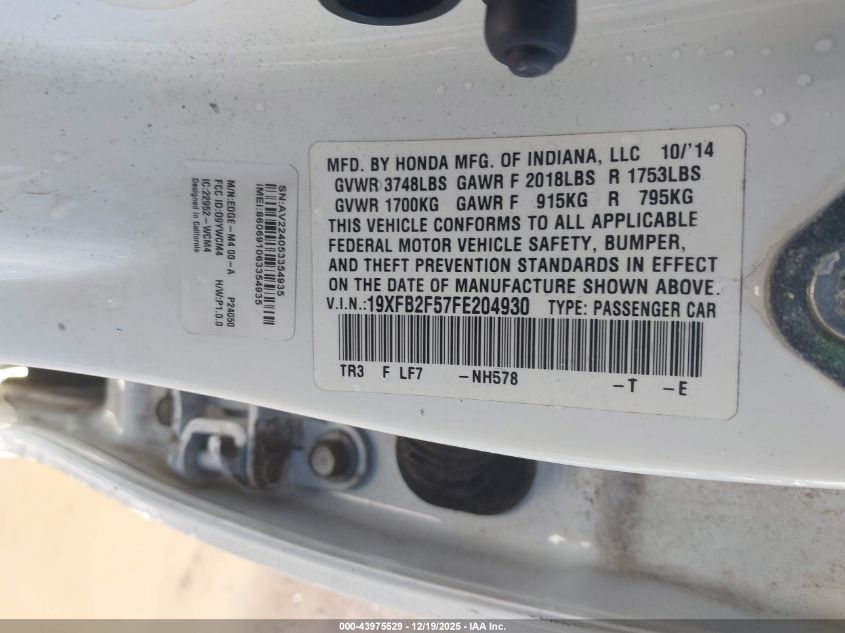 2015 Honda Civic Lx VIN: 19XFB2F57FE204930 Lot: 43975529