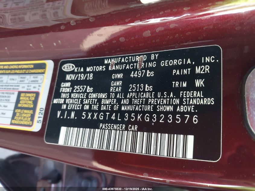 2019 Kia Optima Lx VIN: 5XXGT4L35KG323576 Lot: 43975530