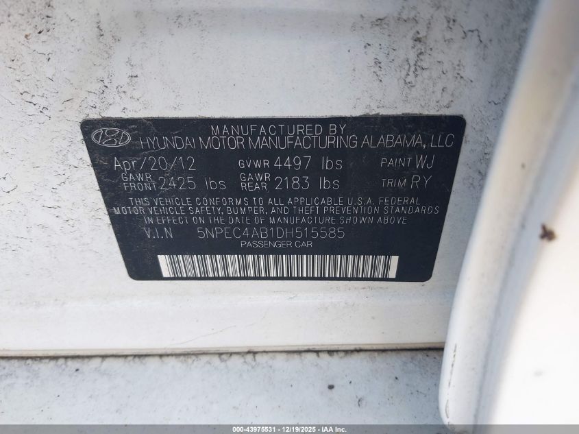 2013 Hyundai Sonata Se 2.0T VIN: 5NPEC4AB1DH515585 Lot: 43975531