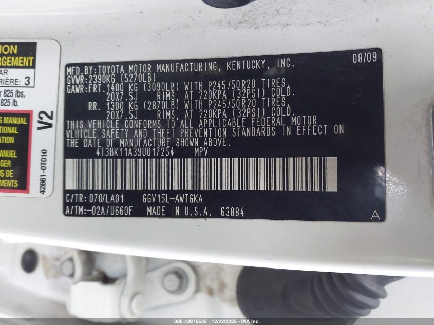 2009 Toyota Venza Base V6 VIN: 4T3BK11A39U017254 Lot: 43975535