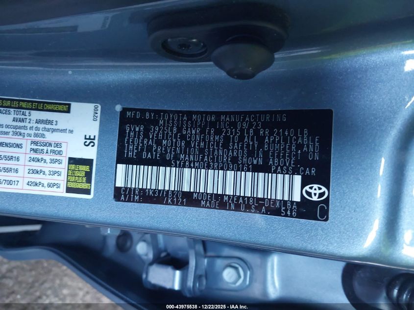 2024 Toyota Corolla Le VIN: 5YFB4MDE3RP090161 Lot: 43975538