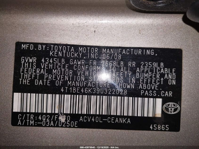 2009 Toyota Camry Le VIN: 4T1BE46K39U322028 Lot: 43975540