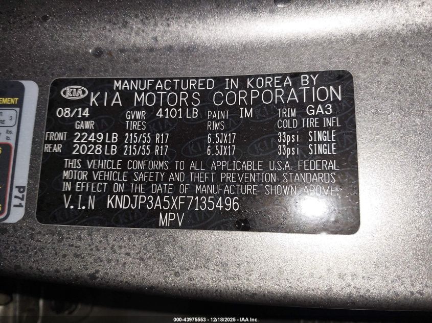 2015 Kia Soul + VIN: KNDJP3A5XF7135496 Lot: 43975553