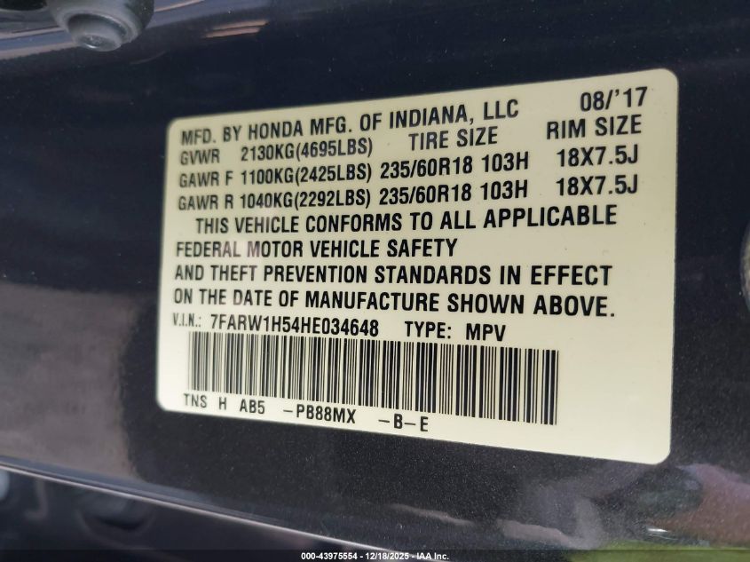 2017 Honda Cr-V Ex VIN: 7FARW1H54HE034648 Lot: 43975554