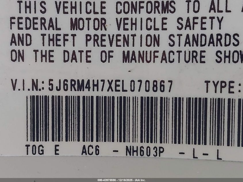 2014 Honda Cr-V Ex-L VIN: 5J6RM4H7XEL070867 Lot: 43975556