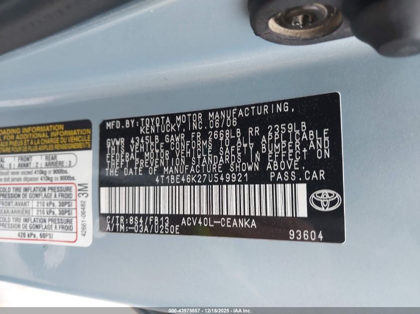 2007 Toyota Camry Le VIN: 4T1BE46K27U549921 Lot: 43975557