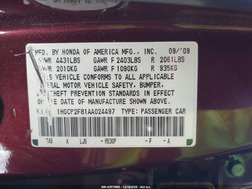 2010 Honda Accord 2.4 Ex-L VIN: 1HGCP2F81AA024497 Lot: 43975560