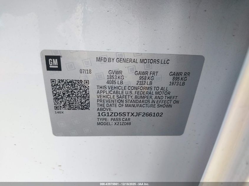 2018 Chevrolet Malibu Lt VIN: 1G1ZD5STXJF266102 Lot: 43975561
