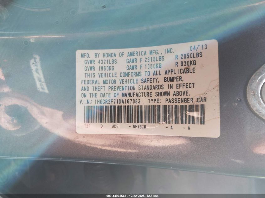 2013 Honda Accord Ex VIN: 1HGCR2F71DA167083 Lot: 43975563